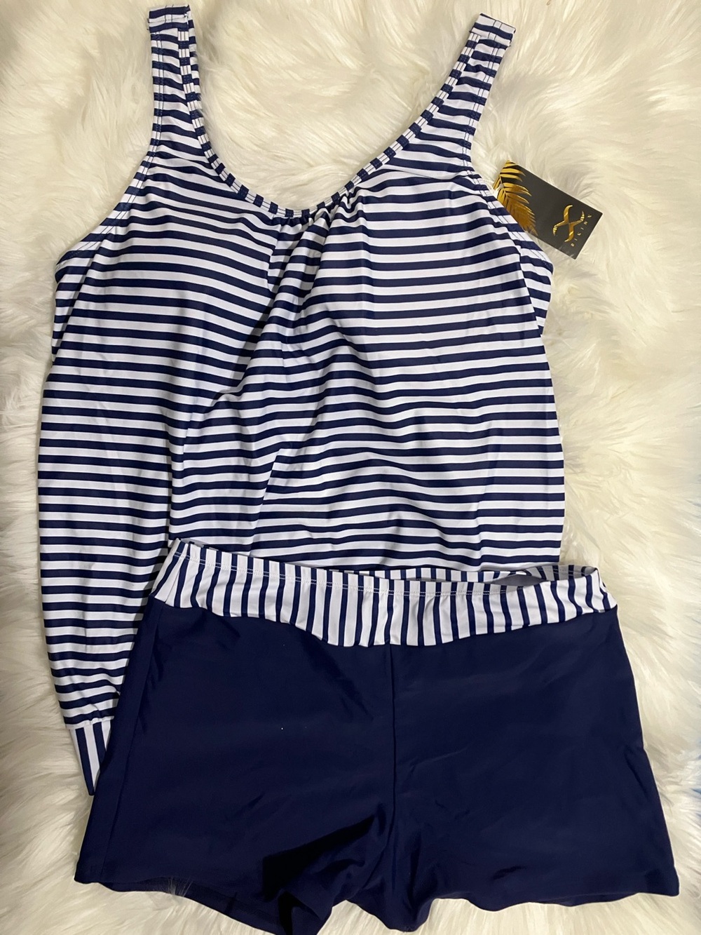 Women’s Nautical Navy & White Striped Tankini with Navy Swim Shorts Size Large